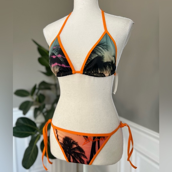Balmain Sunset Print Bikini Set Palm Tree in Orange Polyamide sz 42 US 10 - Picture 6 of 11